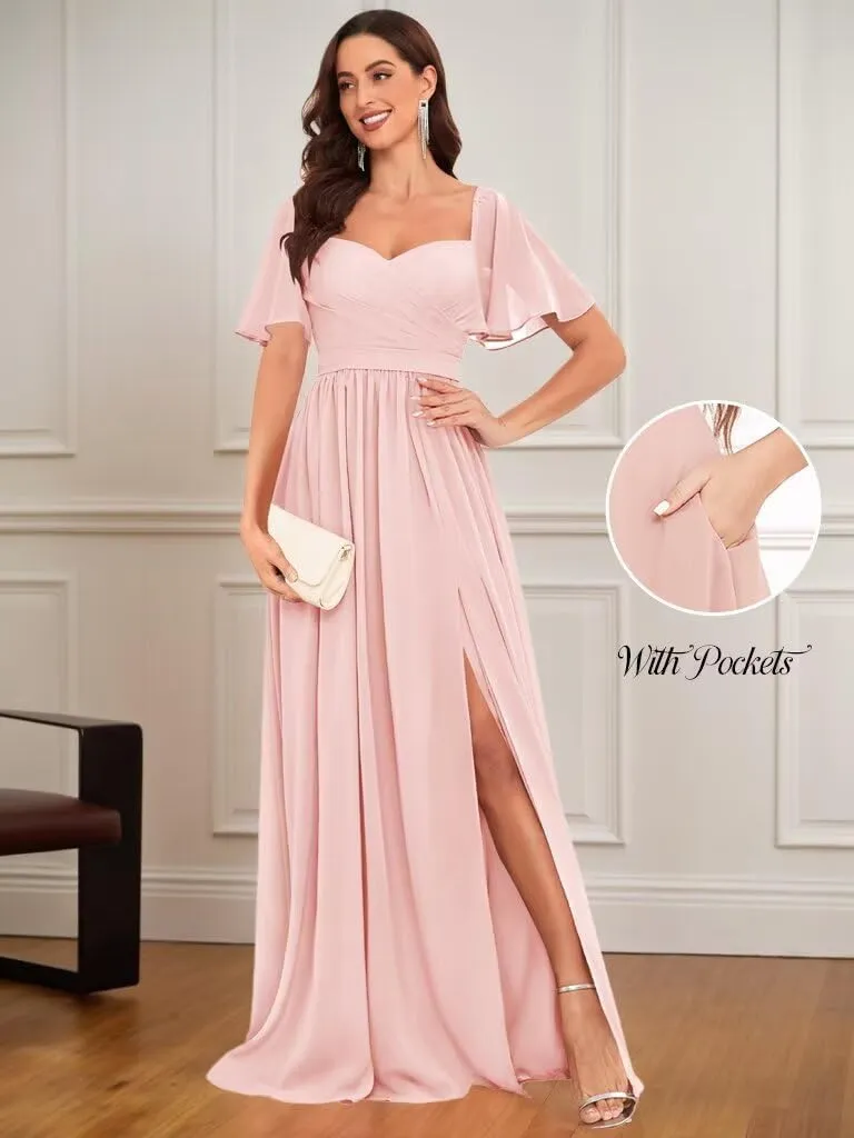 Chiffon Bridesmaid Dresses for Wedding with Short Sleeves Sweetheart Formal Gowns with Slit