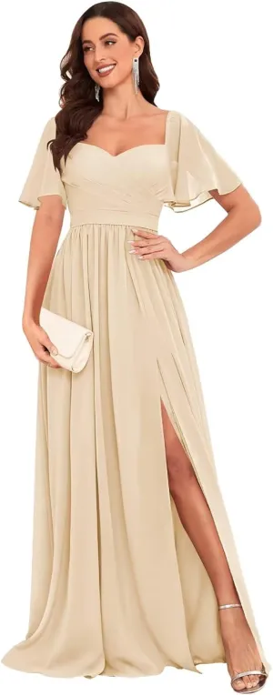 Chiffon Bridesmaid Dresses for Wedding with Short Sleeves Sweetheart Formal Gowns with Slit
