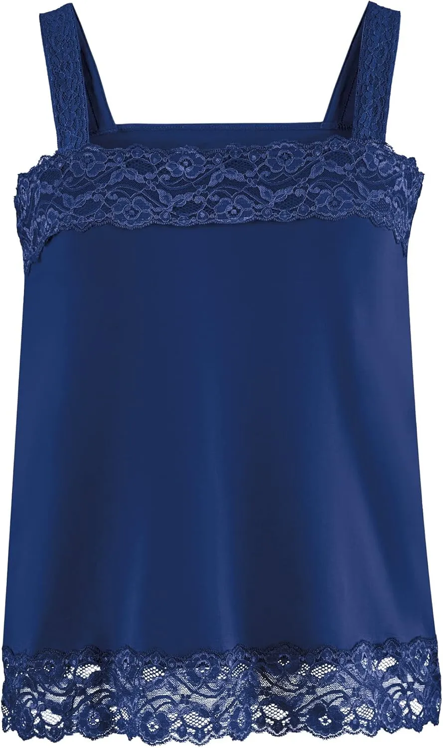 Collections Etc Versatile Solid Color Lace Trim Square Neckline Camisole Tank Top for Layering