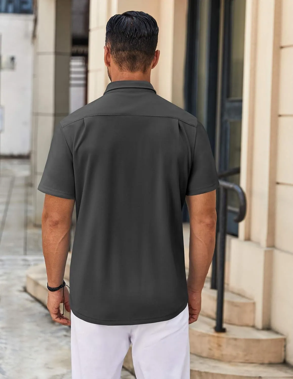 COOFANDY Mens Casual Button Down Shirt Untucked Short Sleeve Strech Wrinkle Free Dress Shirts
