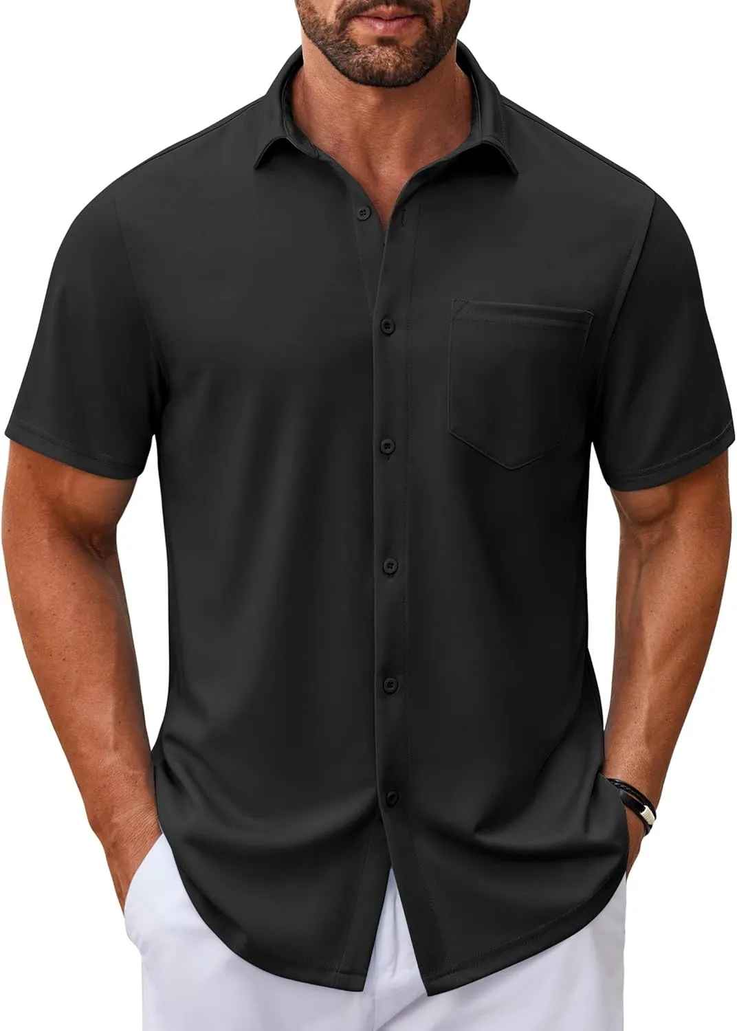 COOFANDY Mens Casual Button Down Shirt Untucked Short Sleeve Strech Wrinkle Free Dress Shirts