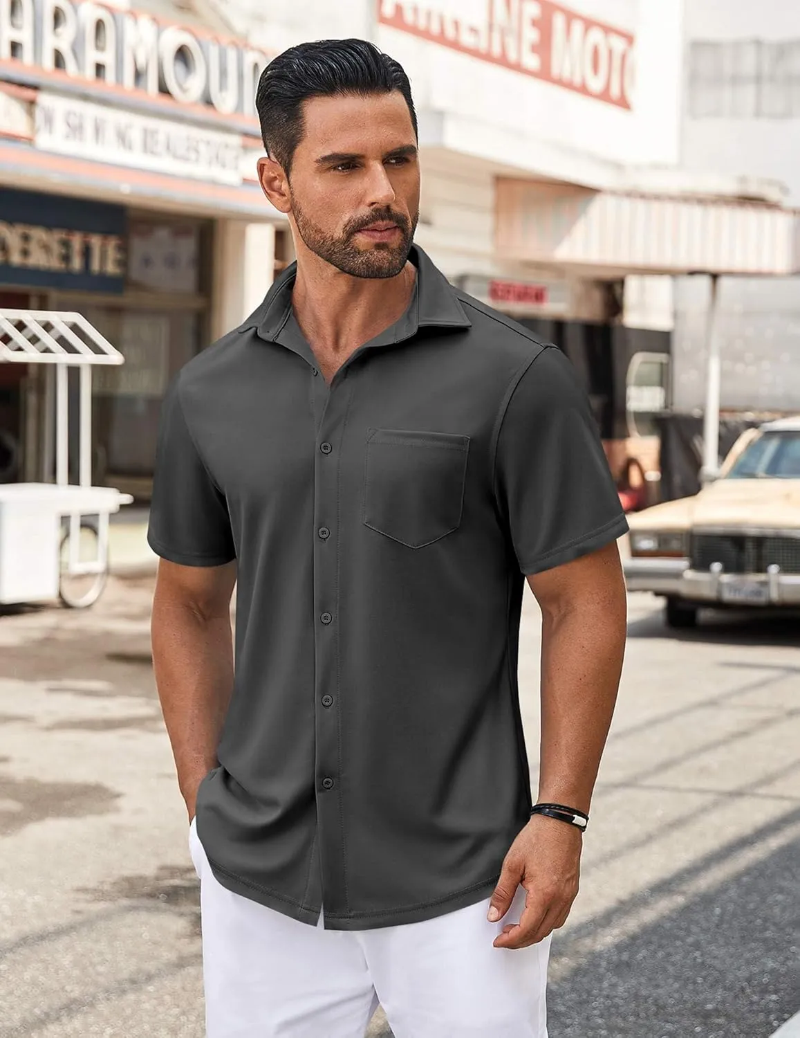 COOFANDY Mens Casual Button Down Shirt Untucked Short Sleeve Strech Wrinkle Free Dress Shirts