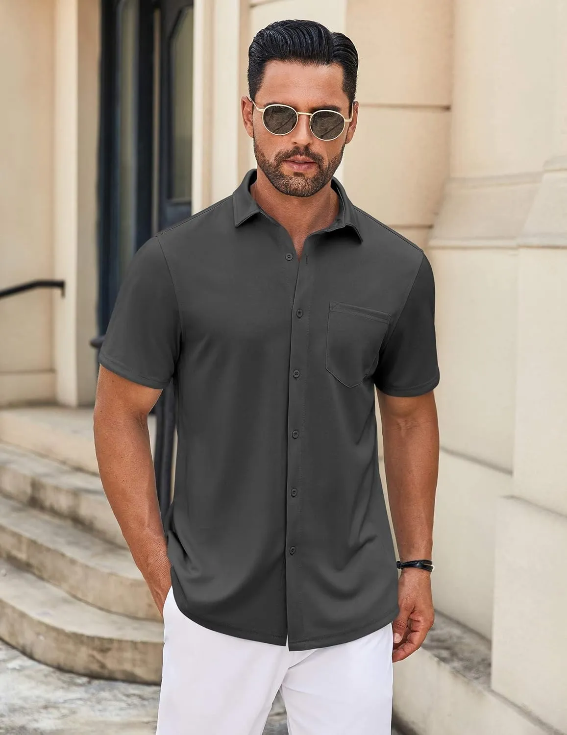 COOFANDY Mens Casual Button Down Shirt Untucked Short Sleeve Strech Wrinkle Free Dress Shirts