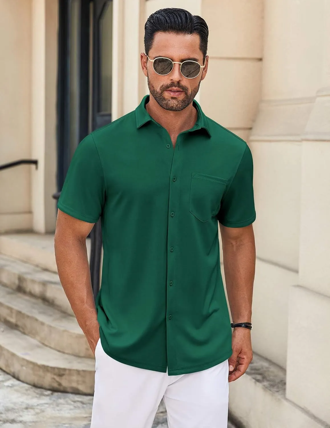 COOFANDY Mens Casual Button Down Shirt Untucked Short Sleeve Strech Wrinkle Free Dress Shirts
