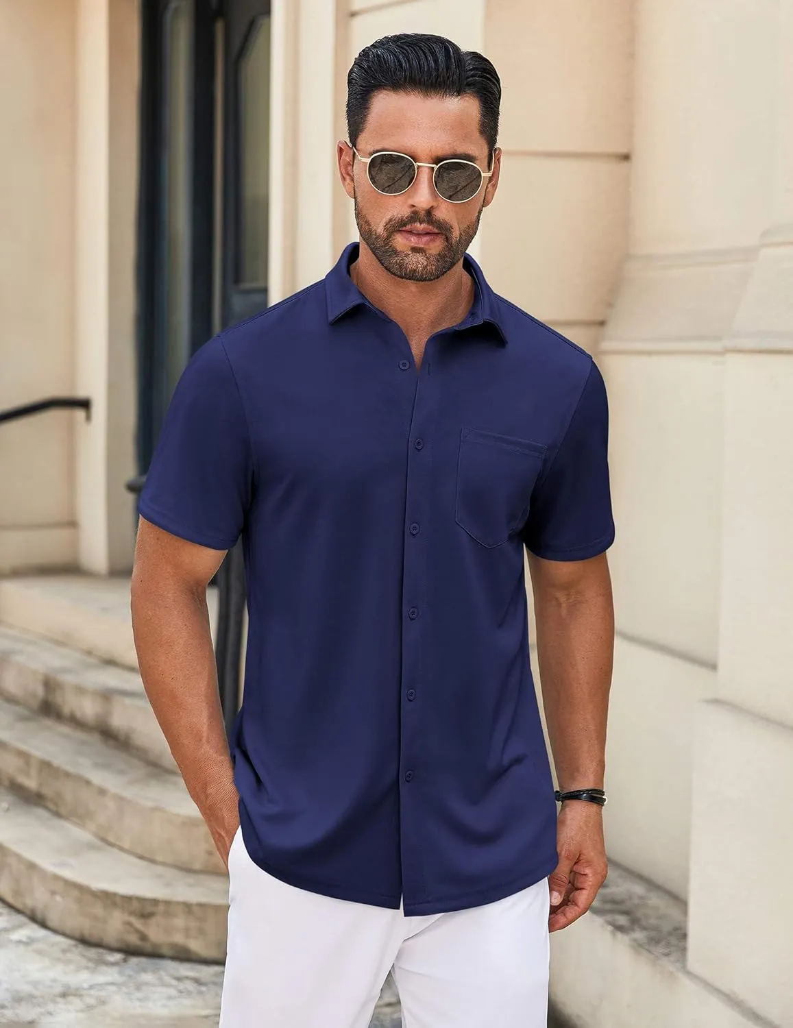 COOFANDY Mens Casual Button Down Shirt Untucked Short Sleeve Strech Wrinkle Free Dress Shirts