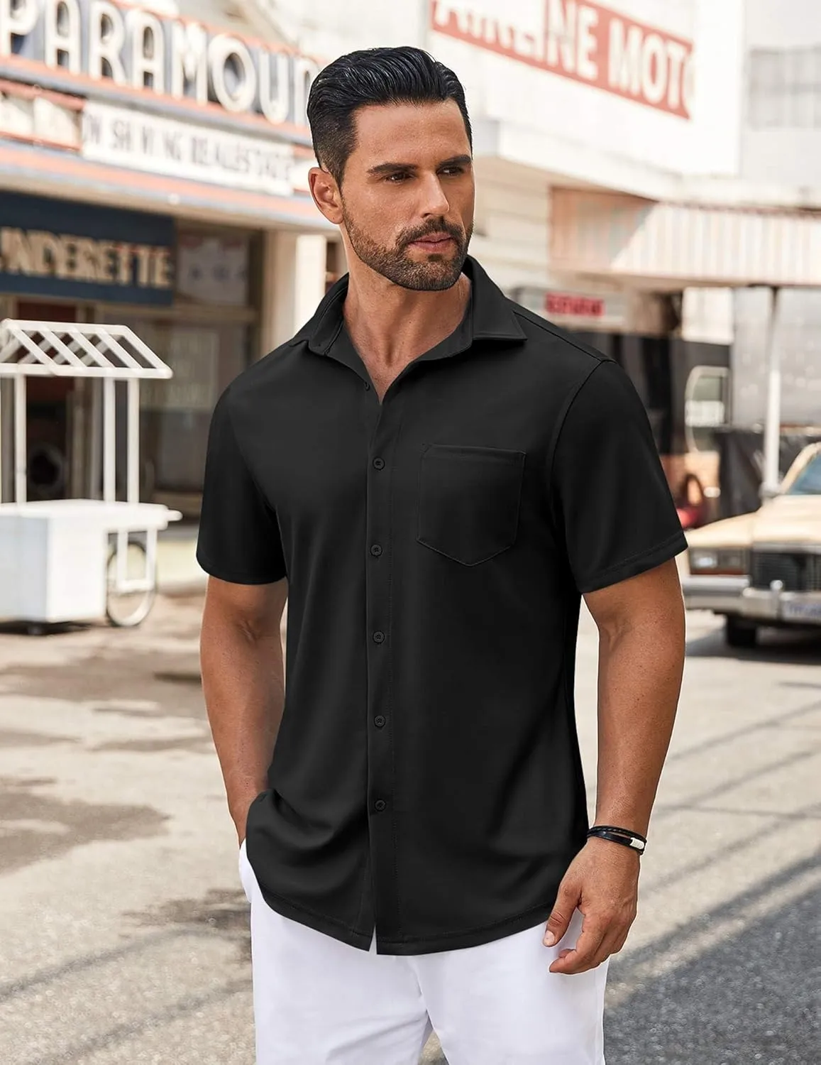 COOFANDY Mens Casual Button Down Shirt Untucked Short Sleeve Strech Wrinkle Free Dress Shirts