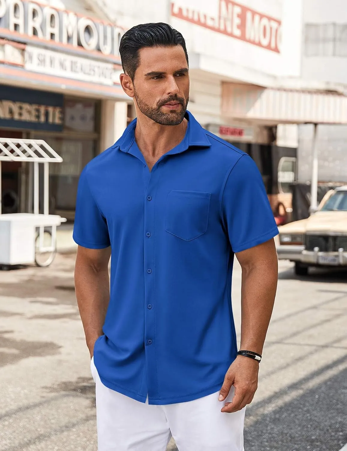 COOFANDY Mens Casual Button Down Shirt Untucked Short Sleeve Strech Wrinkle Free Dress Shirts