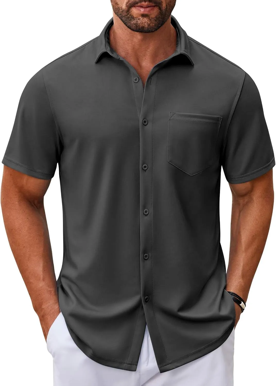 COOFANDY Mens Casual Button Down Shirt Untucked Short Sleeve Strech Wrinkle Free Dress Shirts