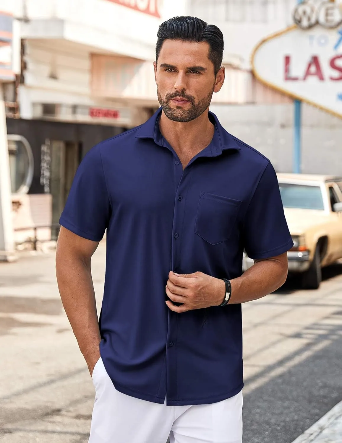 COOFANDY Mens Casual Button Down Shirt Untucked Short Sleeve Strech Wrinkle Free Dress Shirts