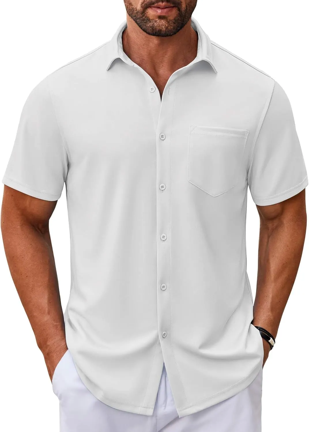 COOFANDY Mens Casual Button Down Shirt Untucked Short Sleeve Strech Wrinkle Free Dress Shirts