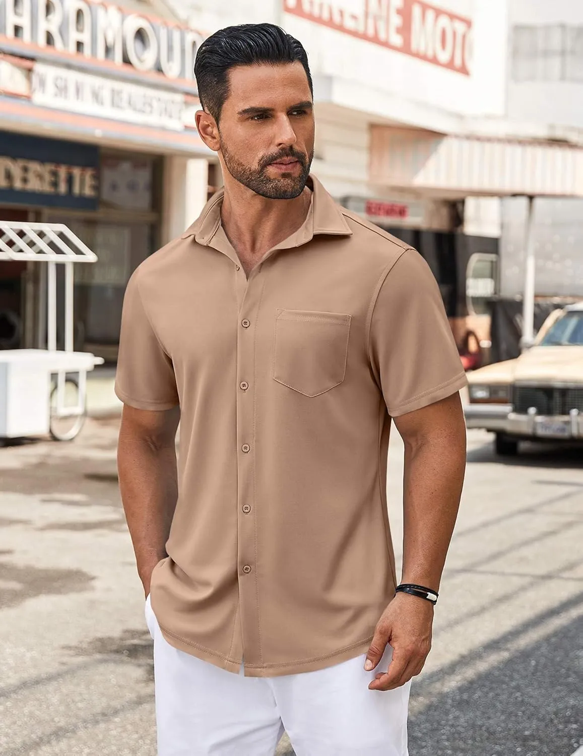 COOFANDY Mens Casual Button Down Shirt Untucked Short Sleeve Strech Wrinkle Free Dress Shirts