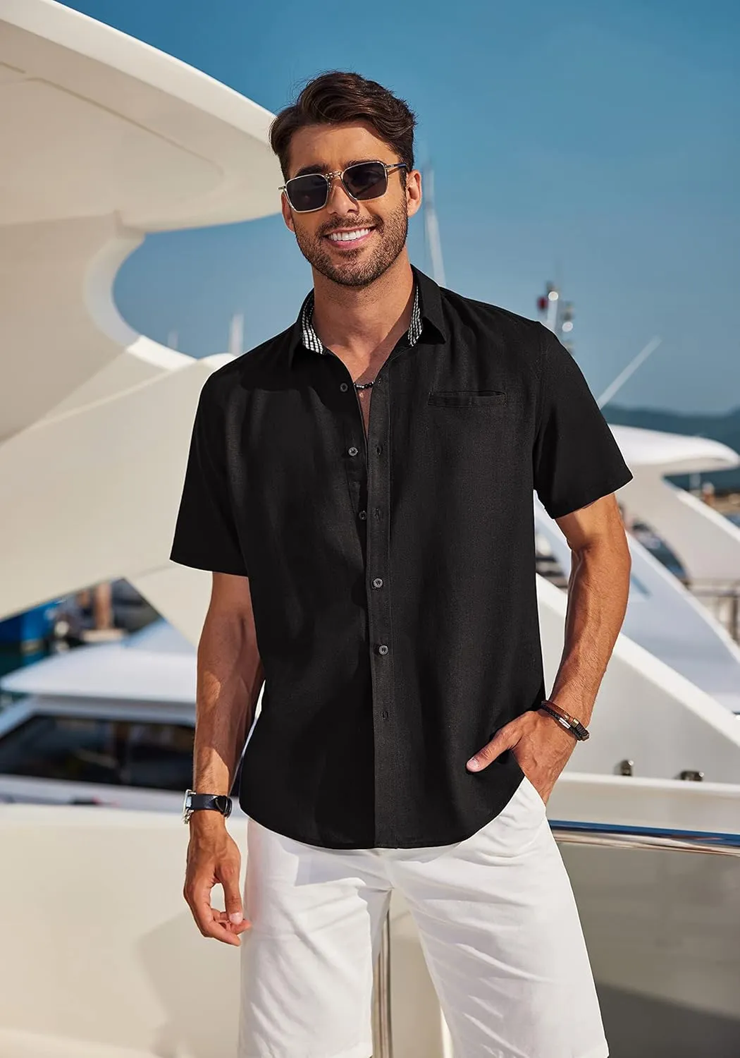 COOFANDY Men's Casual Linen Shirts Short Sleeve Button Down Shirt Summer Beach Tops