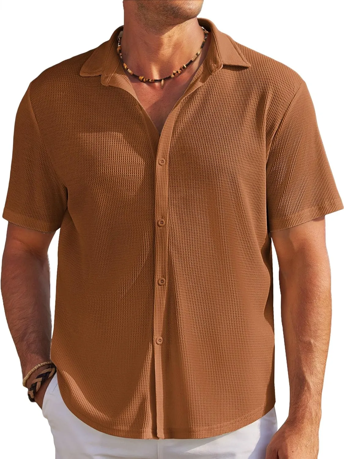 COOFANDY Men's Casual Shirts Short Sleeve Waffle Knit Button Down Shirt Wrinkle Free Summer Beach Tops