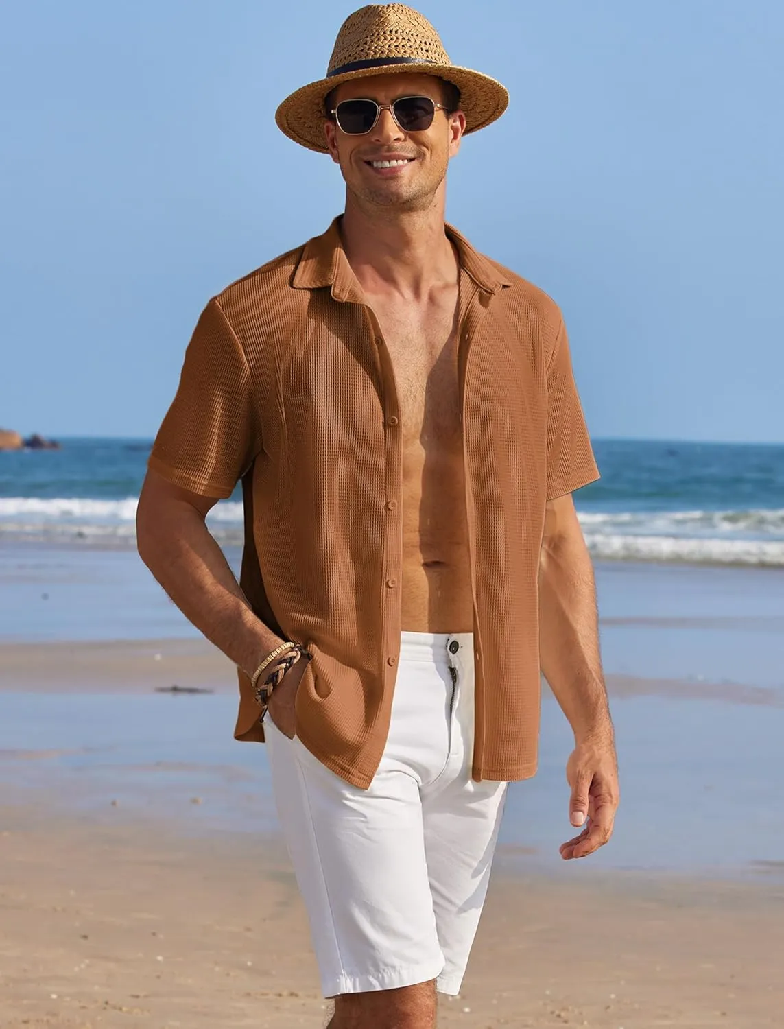COOFANDY Men's Casual Shirts Short Sleeve Waffle Knit Button Down Shirt Wrinkle Free Summer Beach Tops