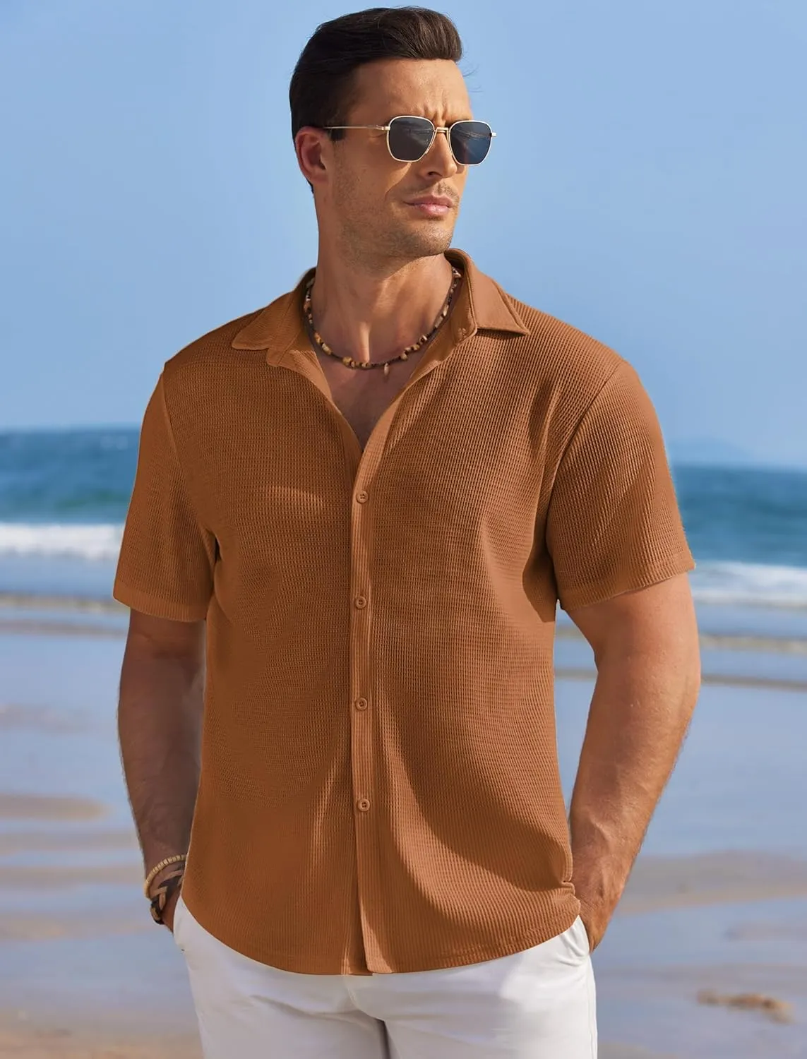 COOFANDY Men's Casual Shirts Short Sleeve Waffle Knit Button Down Shirt Wrinkle Free Summer Beach Tops