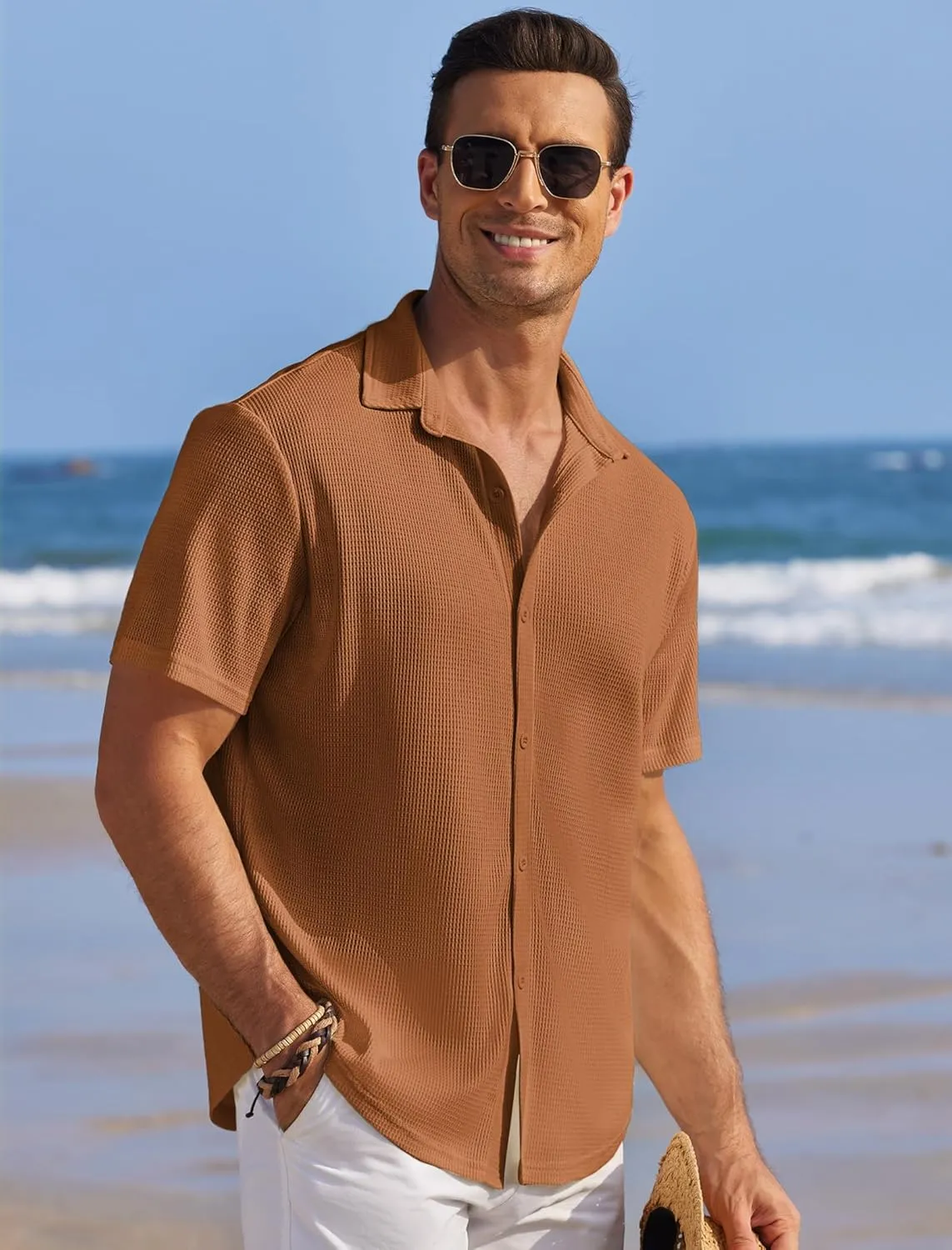 COOFANDY Men's Casual Shirts Short Sleeve Waffle Knit Button Down Shirt Wrinkle Free Summer Beach Tops