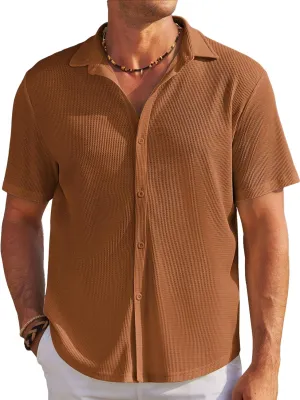 COOFANDY Men's Casual Shirts Short Sleeve Waffle Knit Button Down Shirt Wrinkle Free Summer Beach Tops