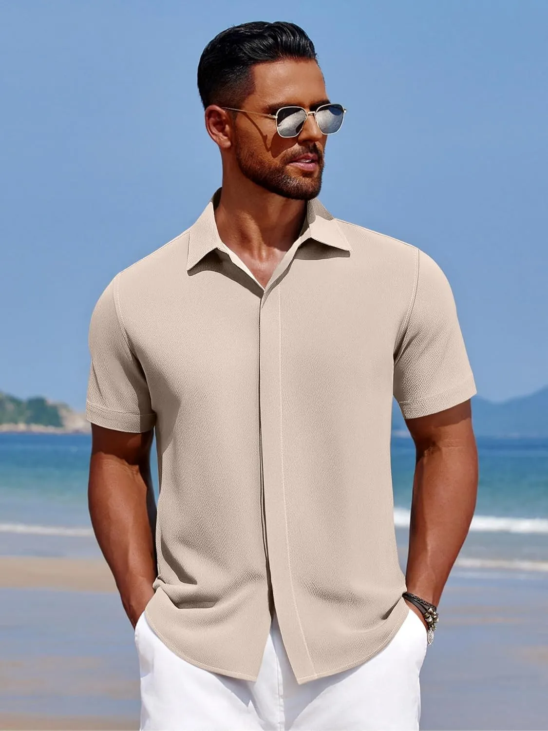 COOFANDY Men's Casual Short Sleeve Button Down Summer Beach Shirt Lightweight Textured Wrinkle Free Stretch Shirts