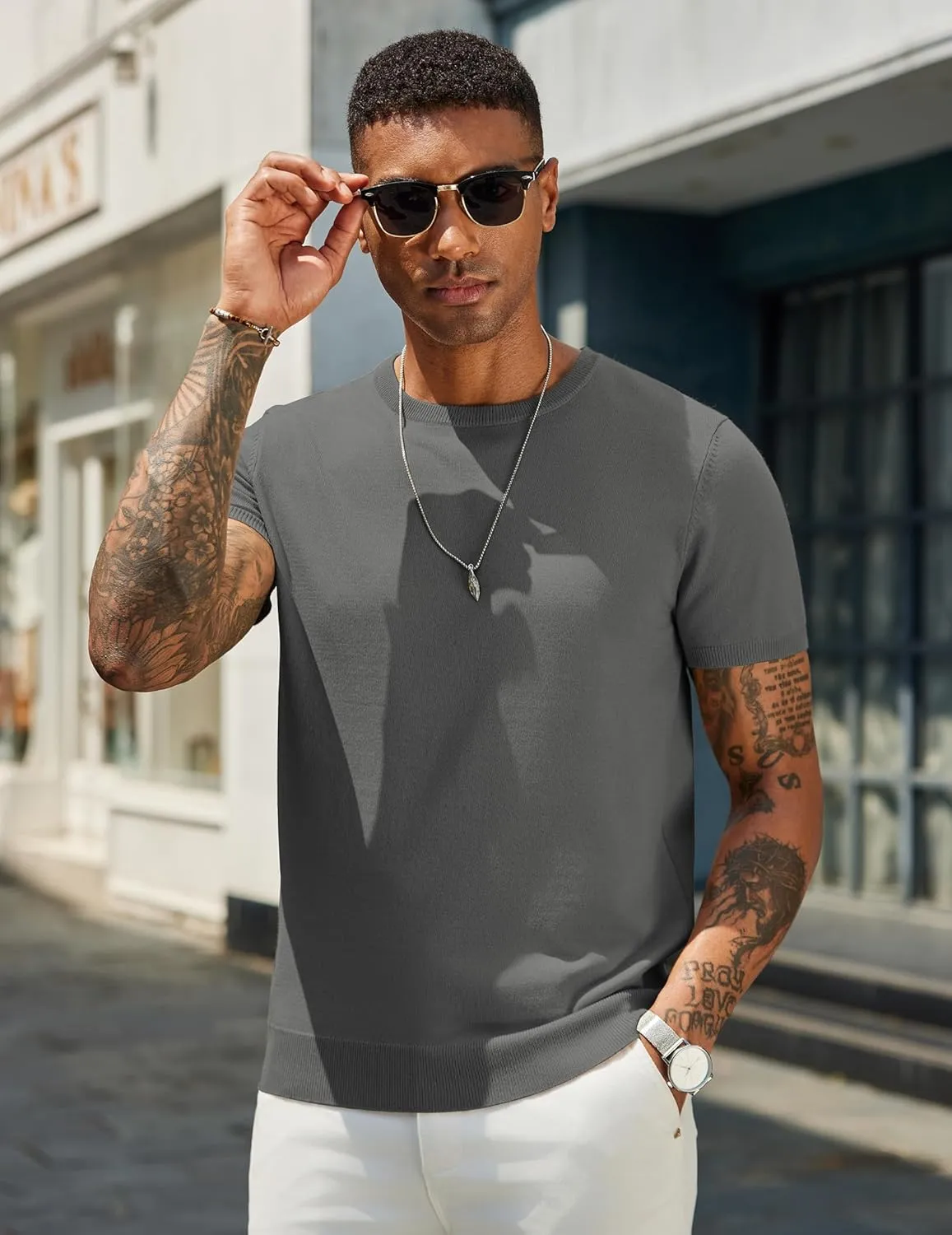 COOFANDY Men's Crewneck Sweater Short Sleeve Knit Pullover Casual Basic Tops Classic Fashion Tees