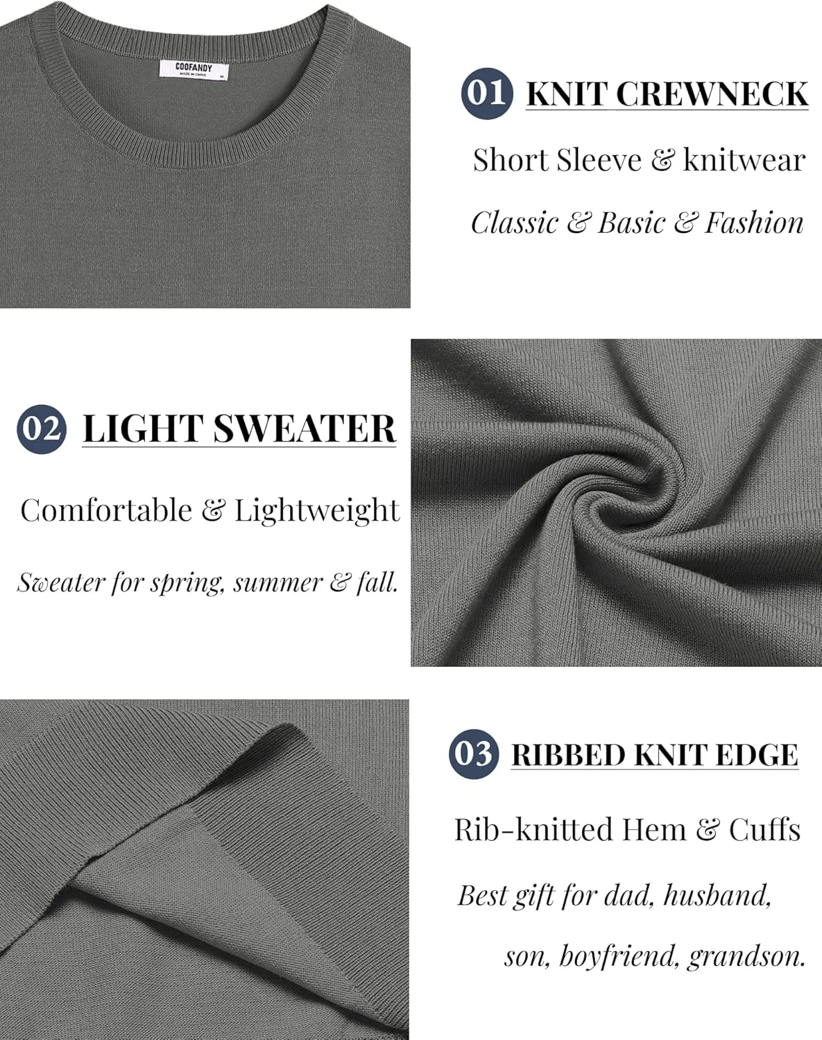 COOFANDY Men's Crewneck Sweater Short Sleeve Knit Pullover Casual Basic Tops Classic Fashion Tees