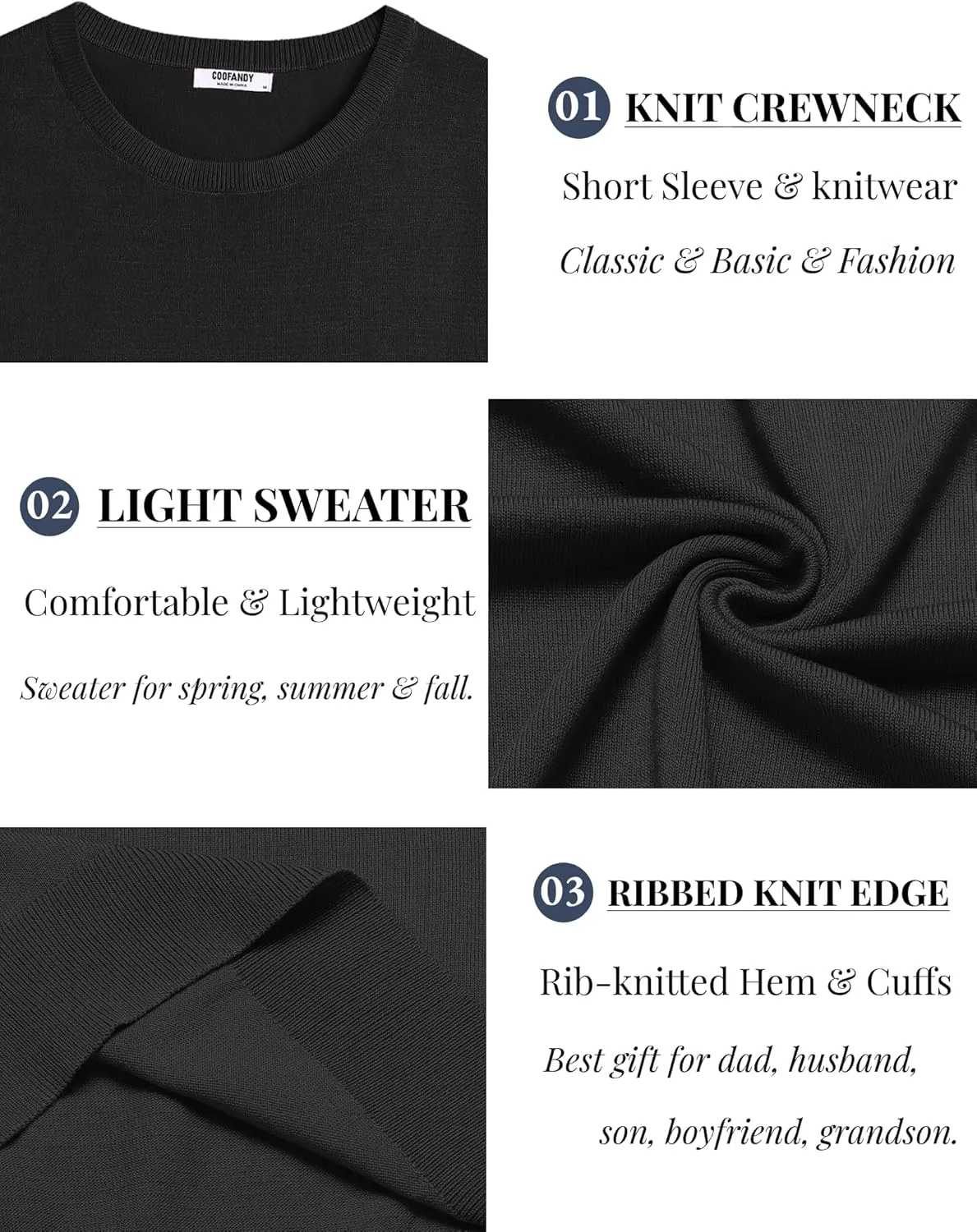 COOFANDY Men's Crewneck Sweater Short Sleeve Knit Pullover Casual Basic Tops Classic Fashion Tees