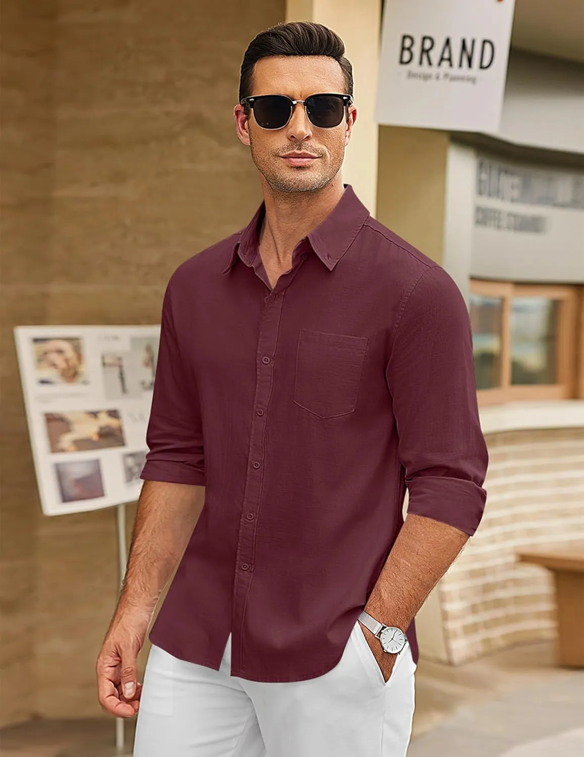 COOFANDY Men's Long Sleeve Button Down Shirts Casual Cotton Linen Shirts Summer Beach Shirt with Pocket