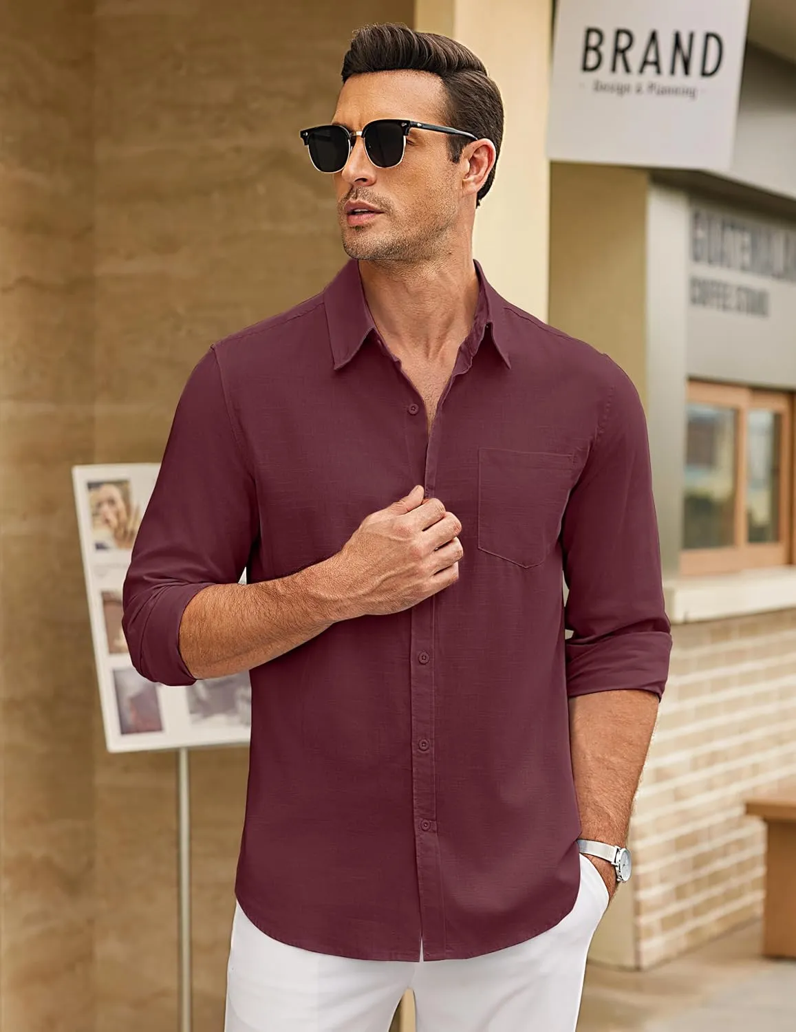 COOFANDY Men's Long Sleeve Button Down Shirts Casual Cotton Linen Shirts Summer Beach Shirt with Pocket