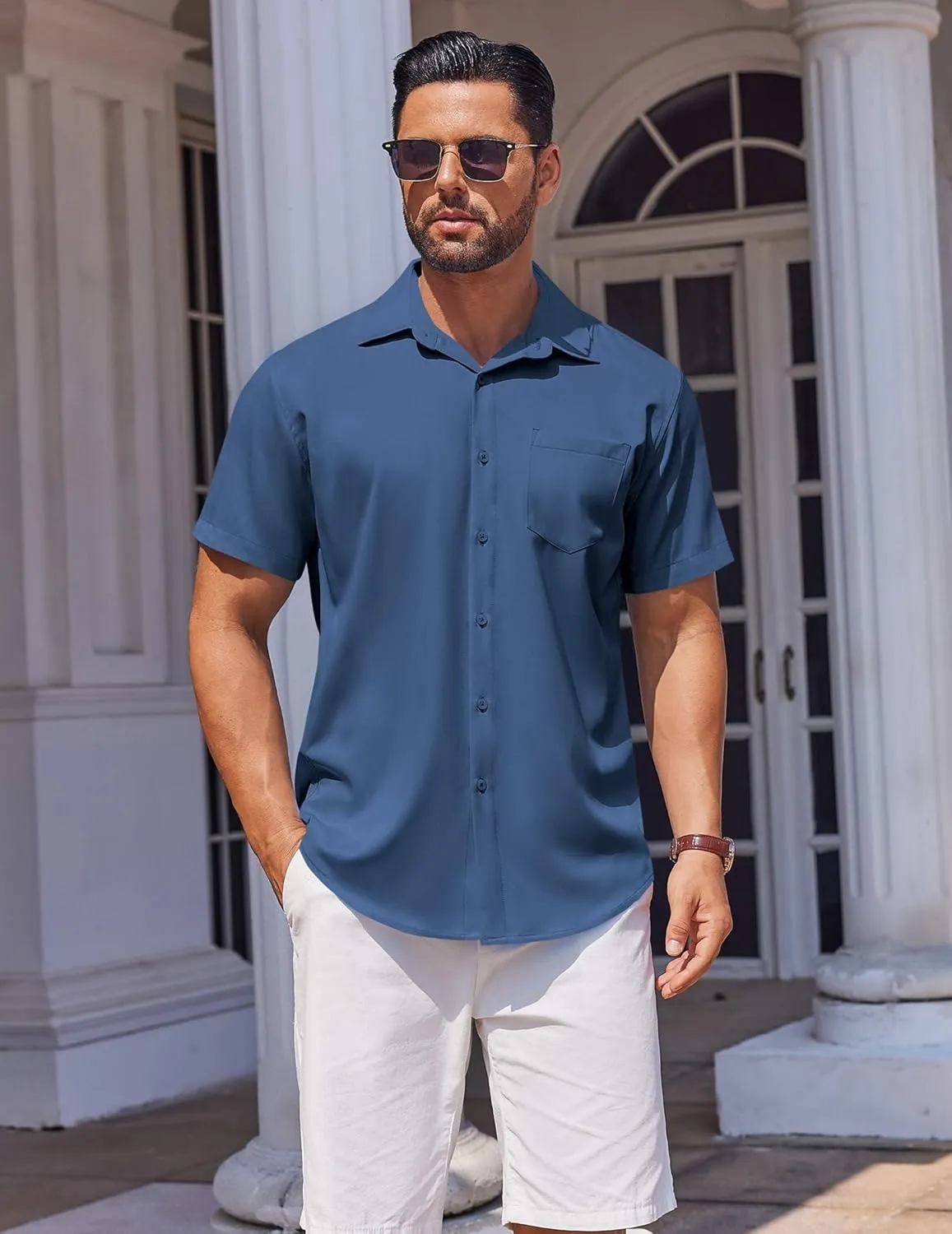 COOFANDY Mens Short Sleeve Button Down Shirt Wrinkle Free Dress Shirts Casual Summer Untucked Shirt