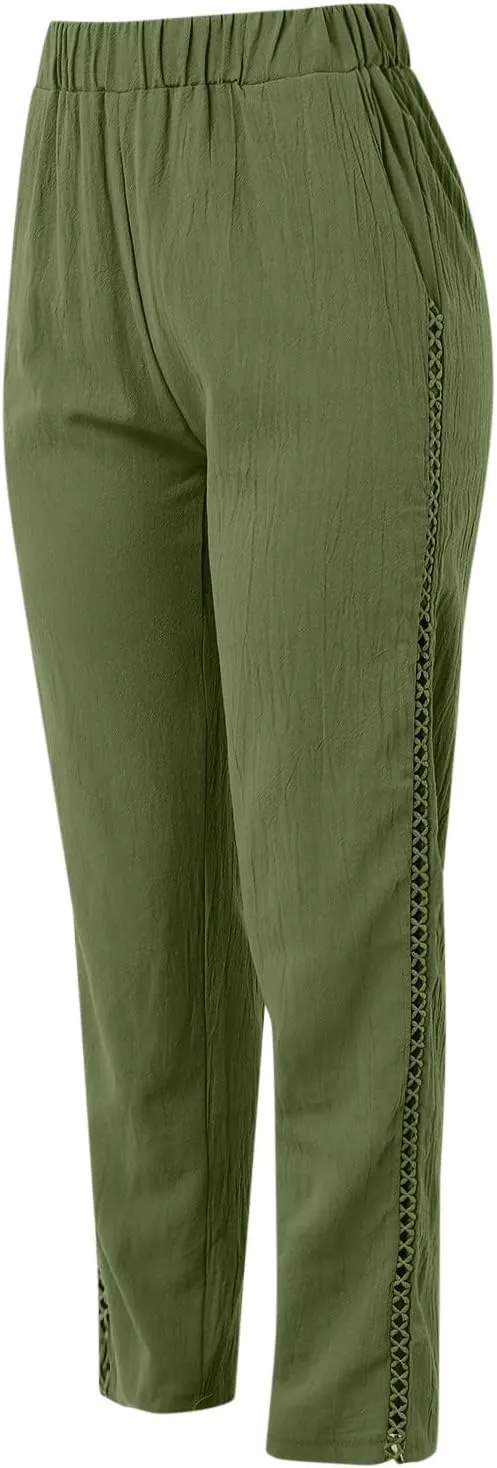 Cotton Linen Pants Womens High Waist Comfy Breathable Summer Pants Casual Lightweight Loose Trousers with Pockets