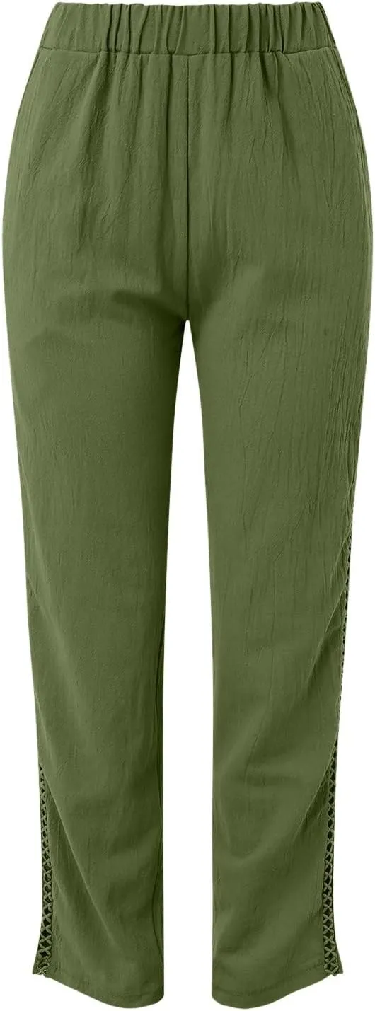 Cotton Linen Pants Womens High Waist Comfy Breathable Summer Pants Casual Lightweight Loose Trousers with Pockets