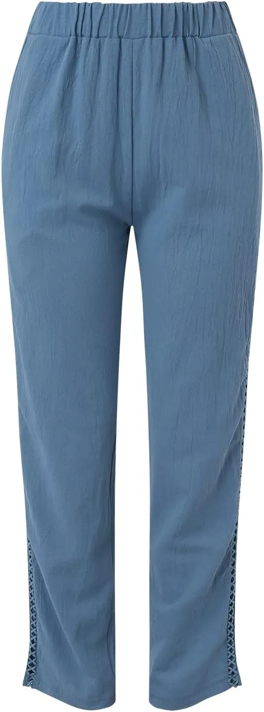 Cotton Linen Pants Womens High Waist Comfy Breathable Summer Pants Casual Lightweight Loose Trousers with Pockets