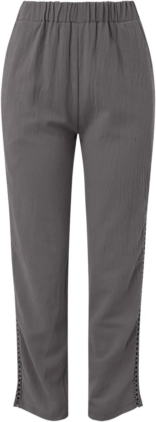Cotton Linen Pants Womens High Waist Comfy Breathable Summer Pants Casual Lightweight Loose Trousers with Pockets