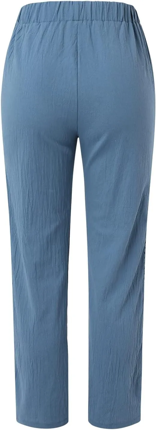 Cotton Linen Pants Womens High Waist Comfy Breathable Summer Pants Casual Lightweight Loose Trousers with Pockets