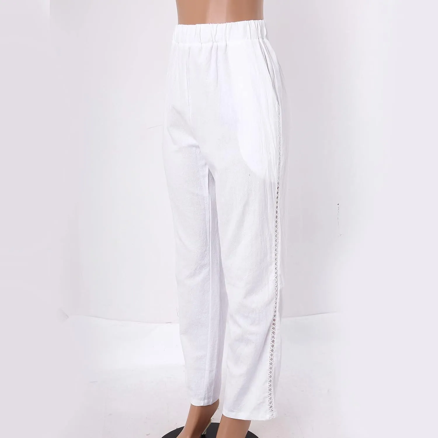 Cotton Linen Pants Womens High Waist Comfy Breathable Summer Pants Casual Lightweight Loose Trousers with Pockets