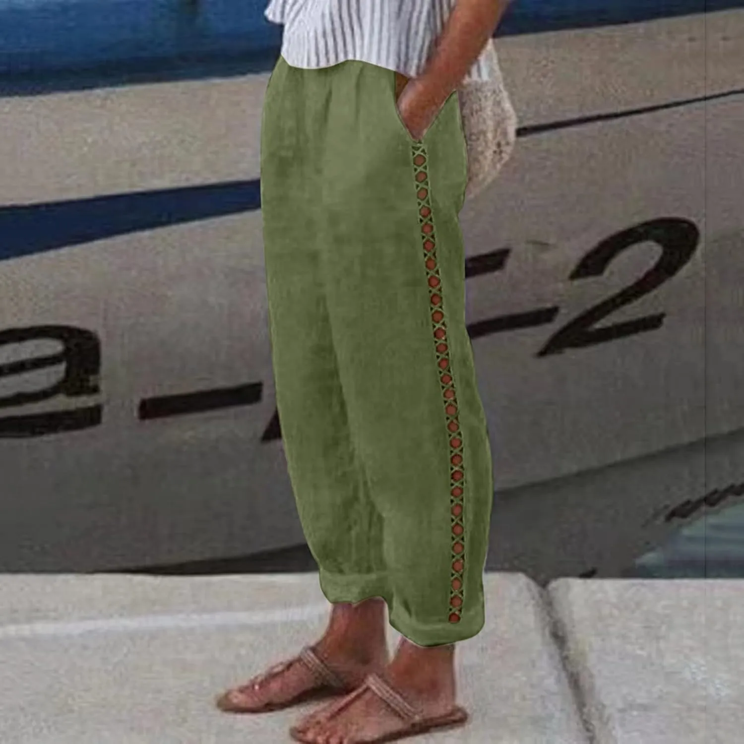 Cotton Linen Pants Womens High Waist Comfy Breathable Summer Pants Casual Lightweight Loose Trousers with Pockets