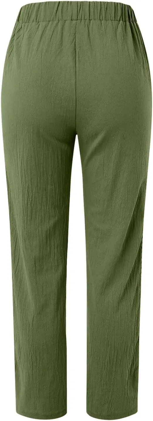 Cotton Linen Pants Womens High Waist Comfy Breathable Summer Pants Casual Lightweight Loose Trousers with Pockets