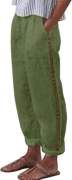 Cotton Linen Pants Womens High Waist Comfy Breathable Summer Pants Casual Lightweight Loose Trousers with Pockets