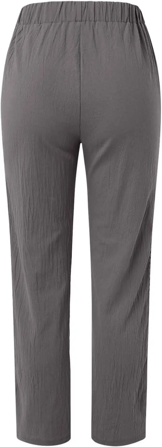 Cotton Linen Pants Womens High Waist Comfy Breathable Summer Pants Casual Lightweight Loose Trousers with Pockets