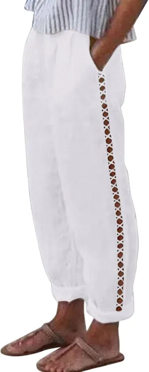 Cotton Linen Pants Womens High Waist Comfy Breathable Summer Pants Casual Lightweight Loose Trousers with Pockets