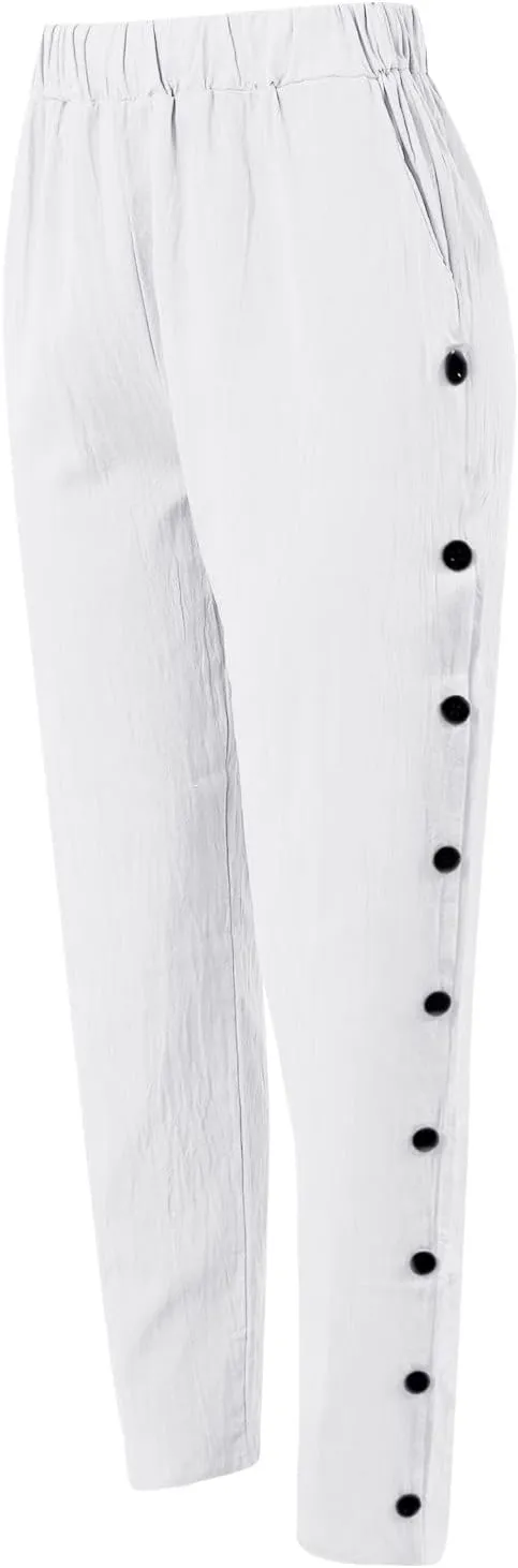 Cotton Linen Pants Womens High Waist Comfy Breathable Summer Pants Casual Lightweight Loose Trousers with Pockets