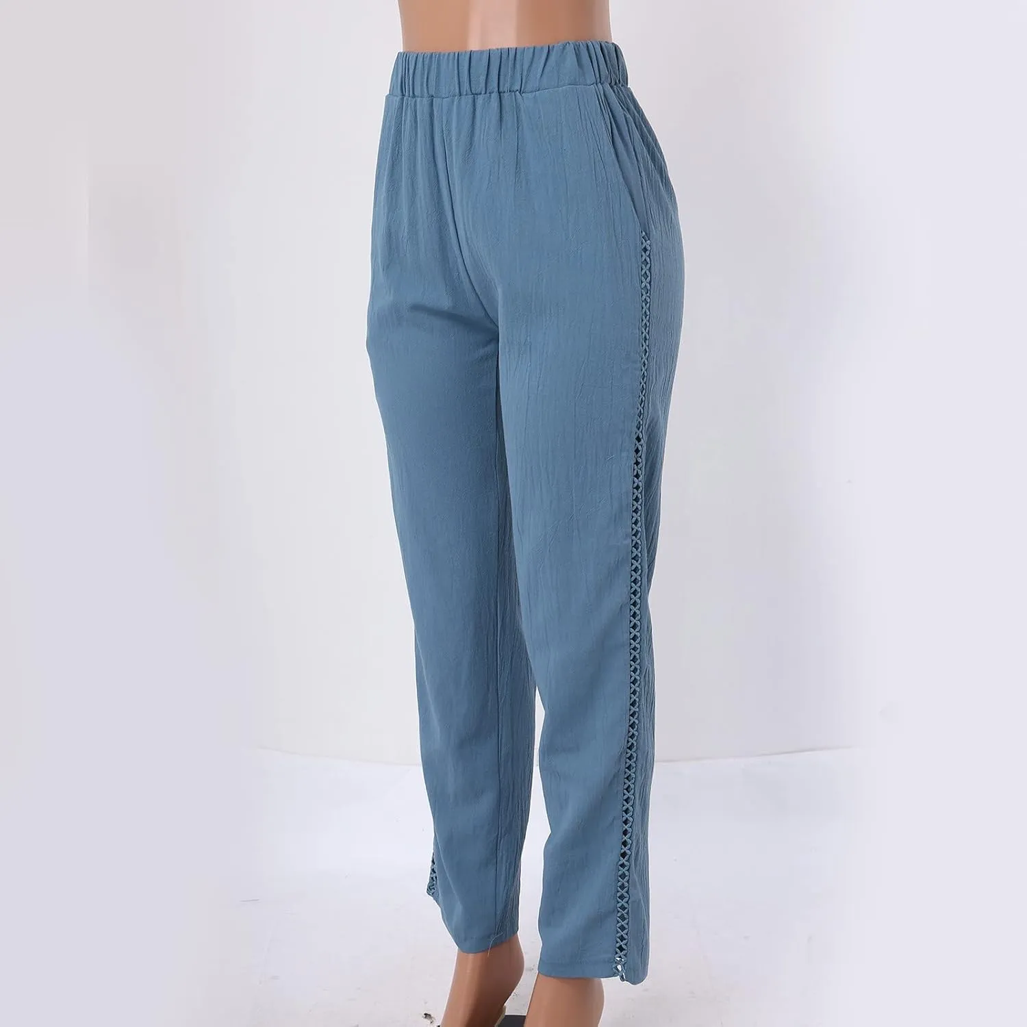 Cotton Linen Pants Womens High Waist Comfy Breathable Summer Pants Casual Lightweight Loose Trousers with Pockets