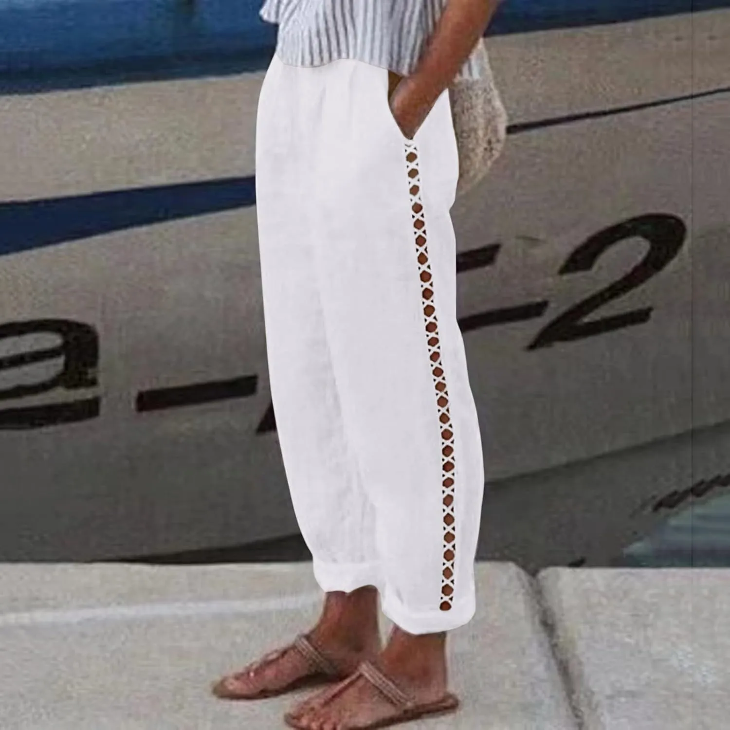 Cotton Linen Pants Womens High Waist Comfy Breathable Summer Pants Casual Lightweight Loose Trousers with Pockets