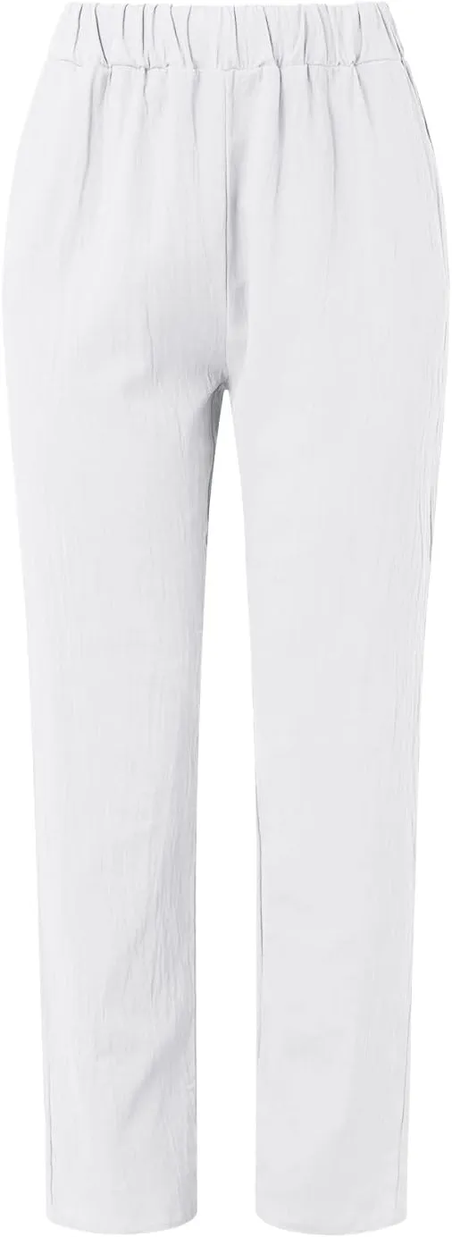 Cotton Linen Pants Womens High Waist Comfy Breathable Summer Pants Casual Lightweight Loose Trousers with Pockets