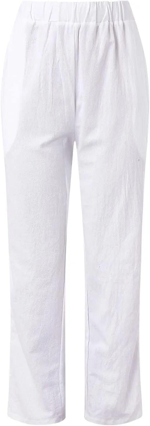 Cotton Linen Pants Womens High Waist Comfy Breathable Summer Pants Casual Lightweight Loose Trousers with Pockets