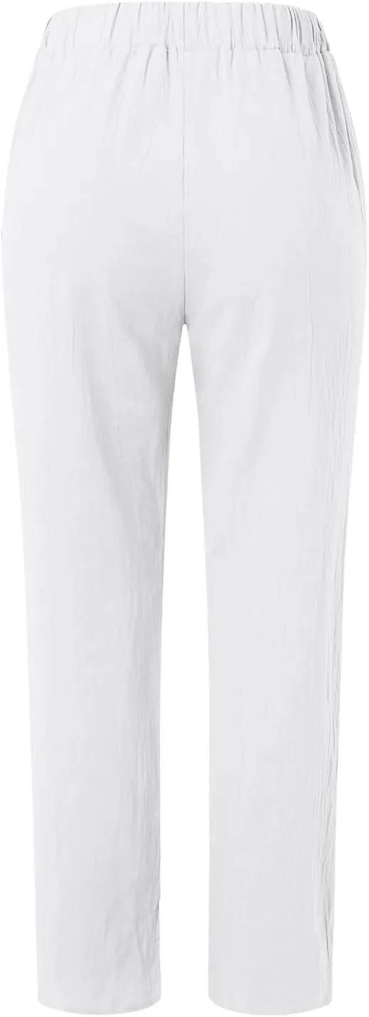 Cotton Linen Pants Womens High Waist Comfy Breathable Summer Pants Casual Lightweight Loose Trousers with Pockets