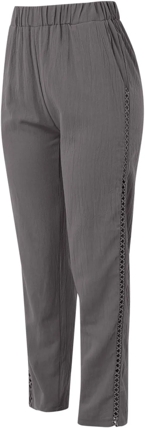 Cotton Linen Pants Womens High Waist Comfy Breathable Summer Pants Casual Lightweight Loose Trousers with Pockets