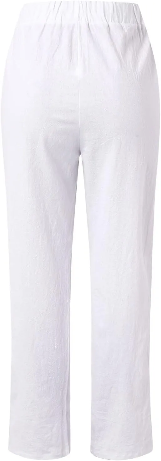 Cotton Linen Pants Womens High Waist Comfy Breathable Summer Pants Casual Lightweight Loose Trousers with Pockets