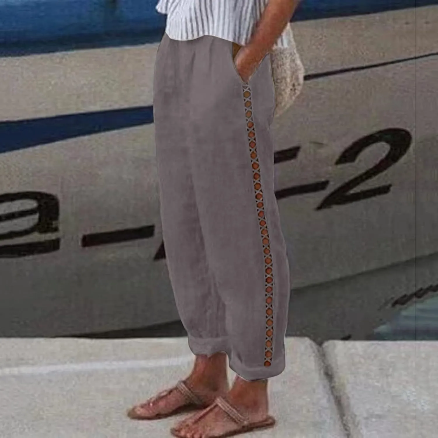 Cotton Linen Pants Womens High Waist Comfy Breathable Summer Pants Casual Lightweight Loose Trousers with Pockets