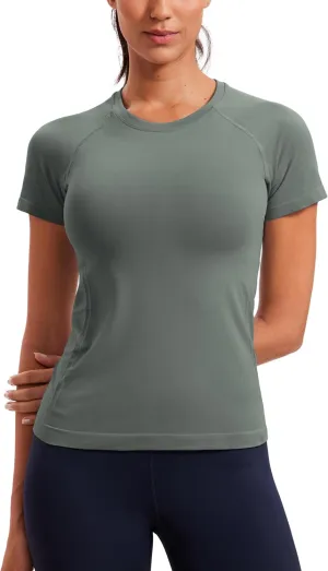 CRZ YOGA Seamless Workout Tops for Women Short Sleeve Athletic Tees Breathable Gym Running Yoga Shirts