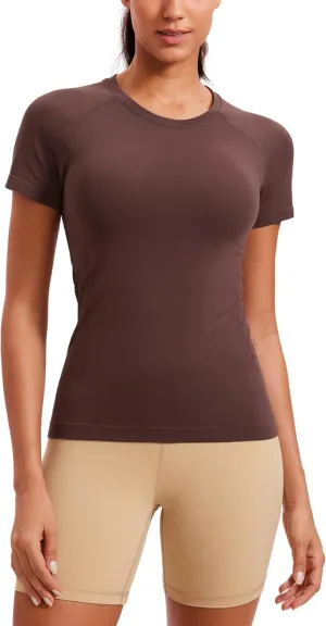 CRZ YOGA Seamless Workout Tops for Women Short Sleeve Athletic Tees Breathable Gym Running Yoga Shirts